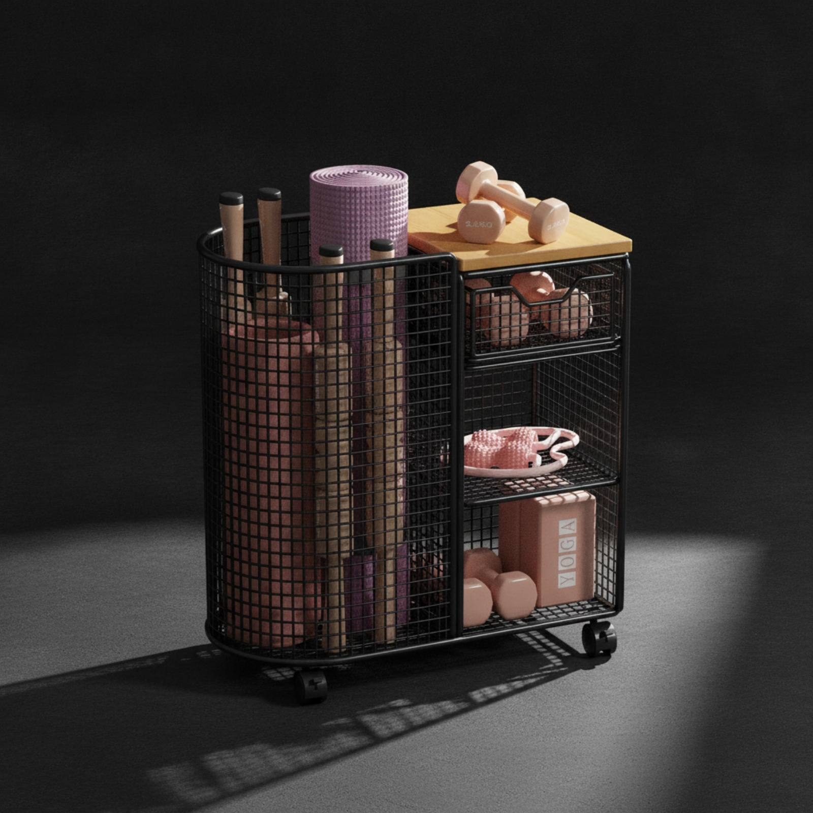 Sports Equipment Organizer - Rolling Storage Cart with Wooden Top