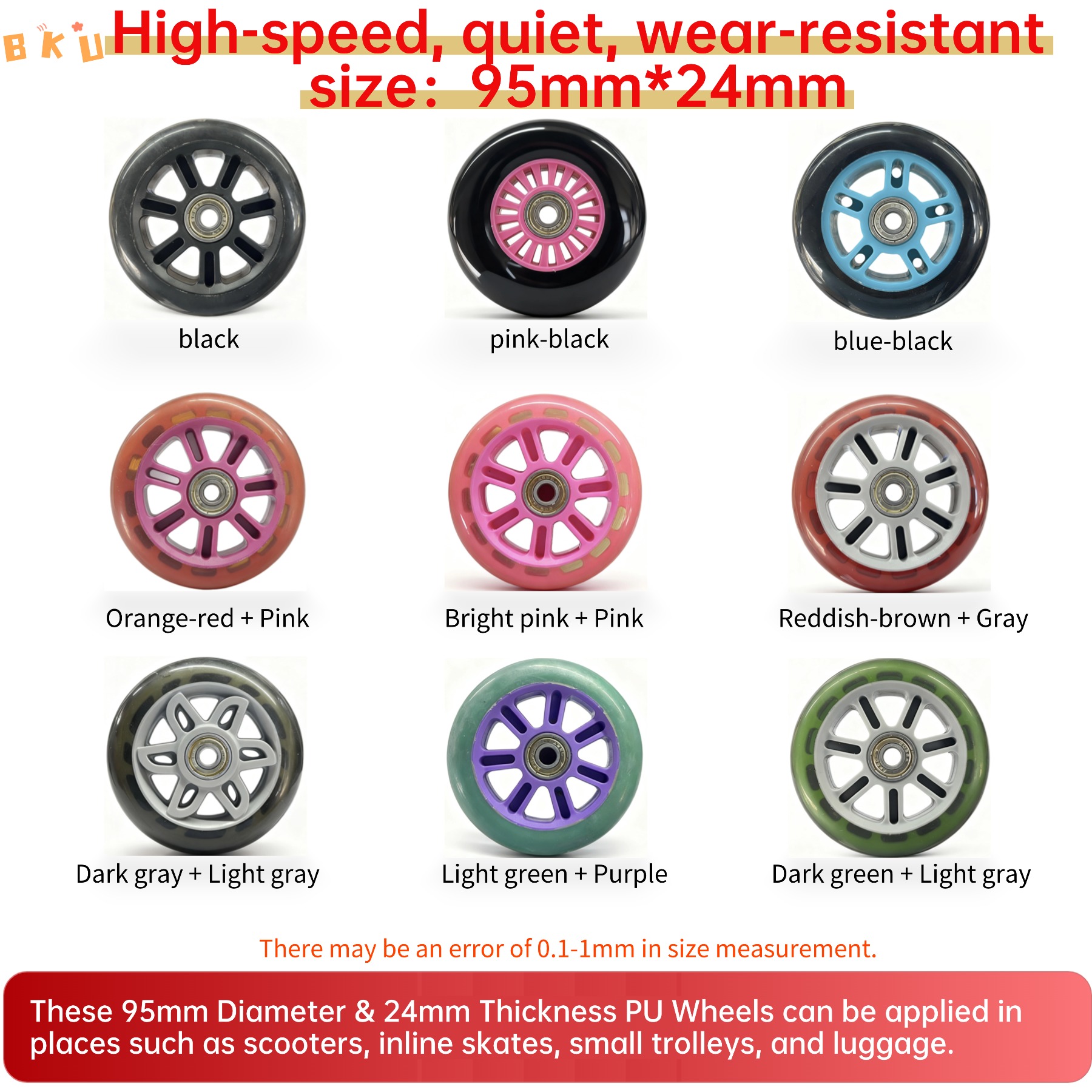Roller Skate Inline - 95mm PU Wheels 2-Pack with Bearings