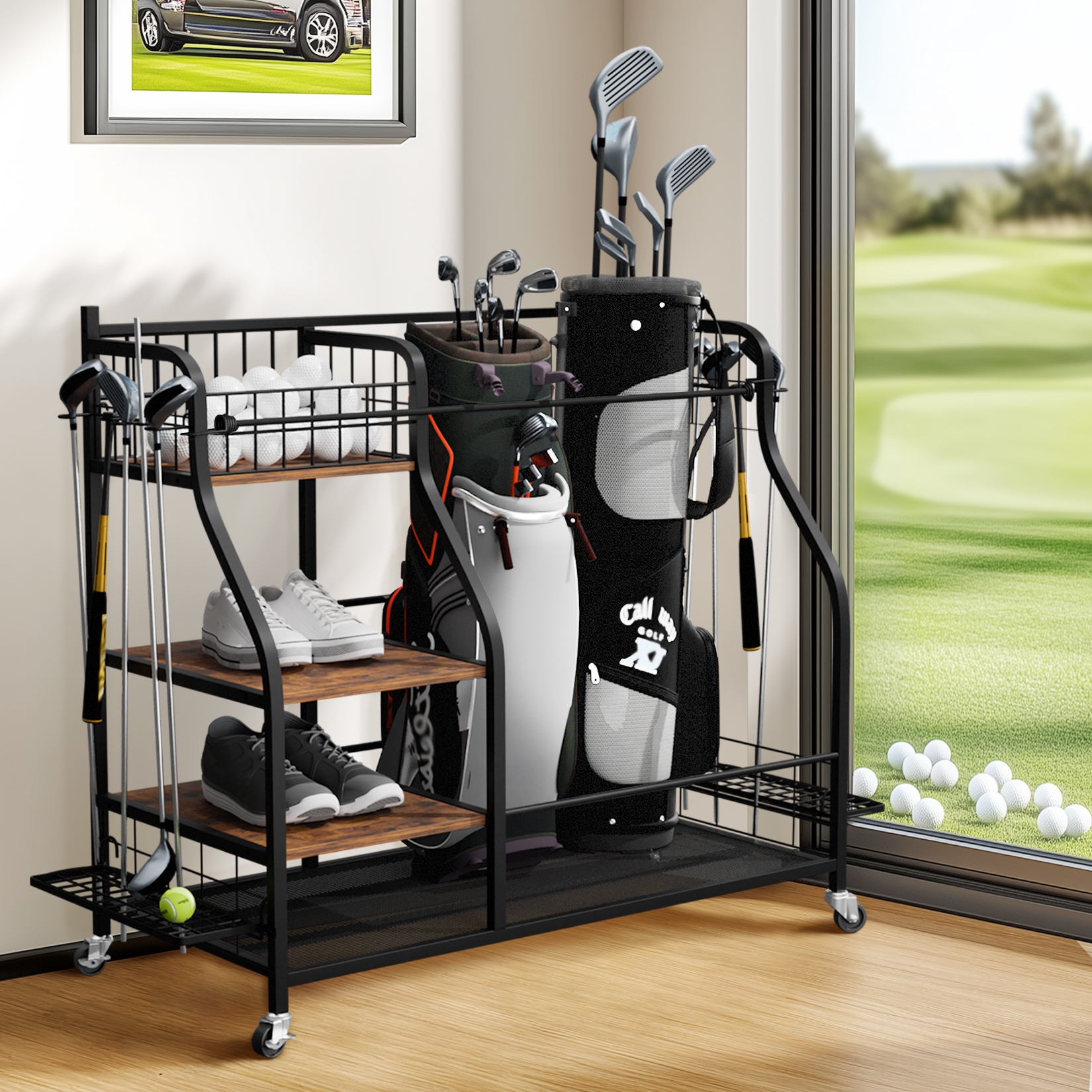 Sports Equipment Bag With Wheels - Multifunctional Rolling Golf Bags Storage Shelf