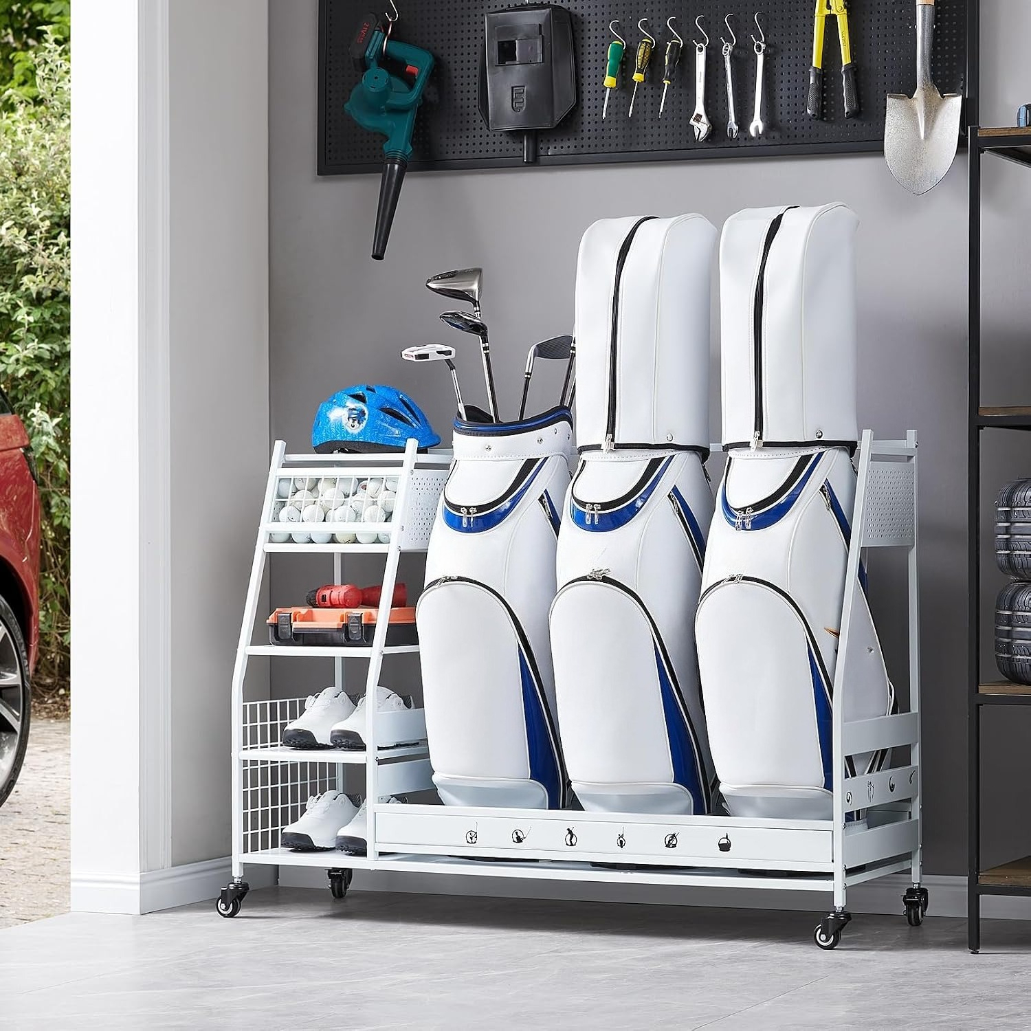 Metal Golf Bag Storage Garage  - Sports Equipment Bag With Wheels review and price