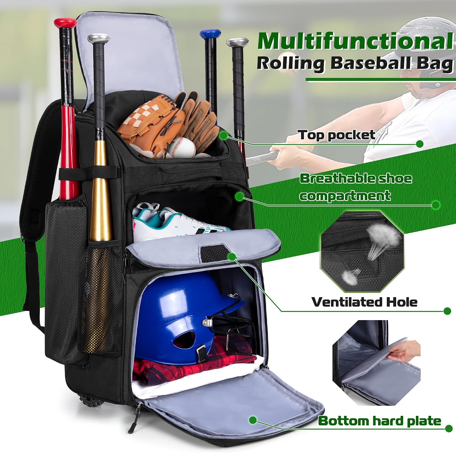 Rolling Baseball Backpack With - Sports Equipment Bag With Wheels review and price